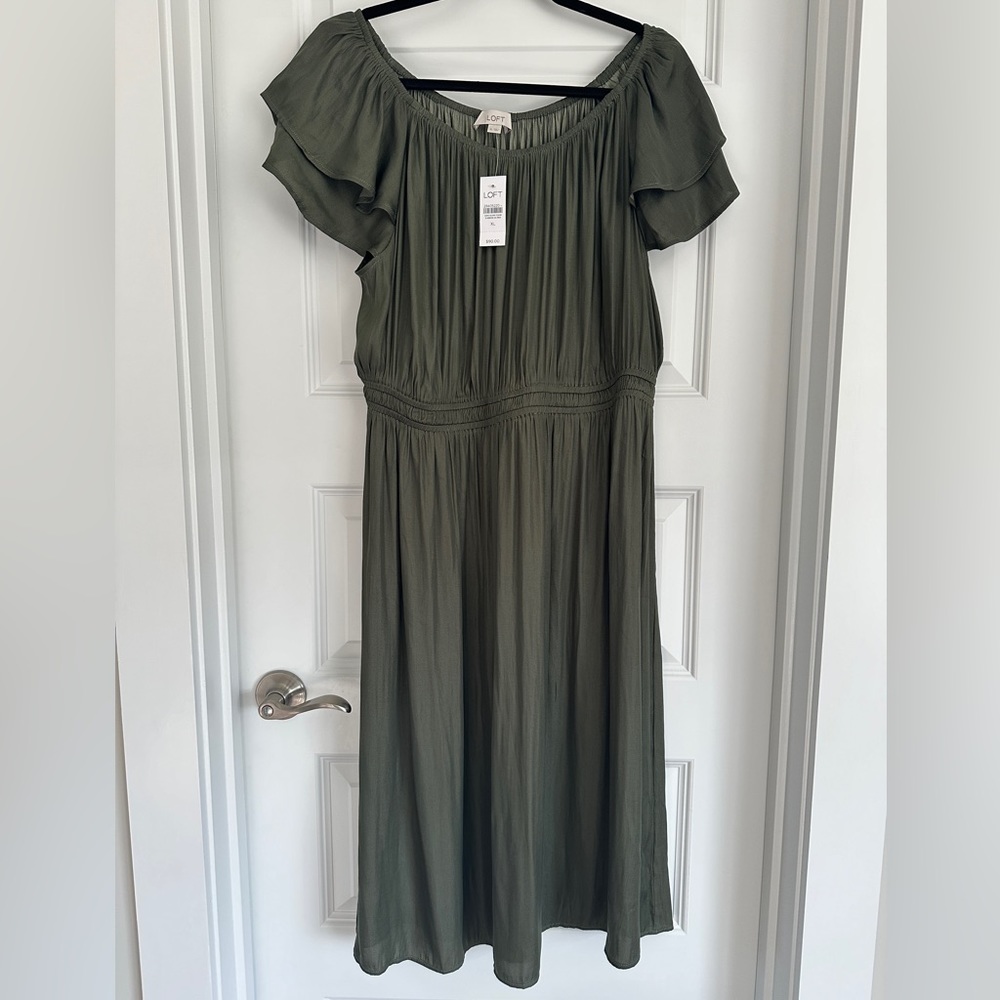 LOFT Flutter Sleeve Green Midi Dress Size XL